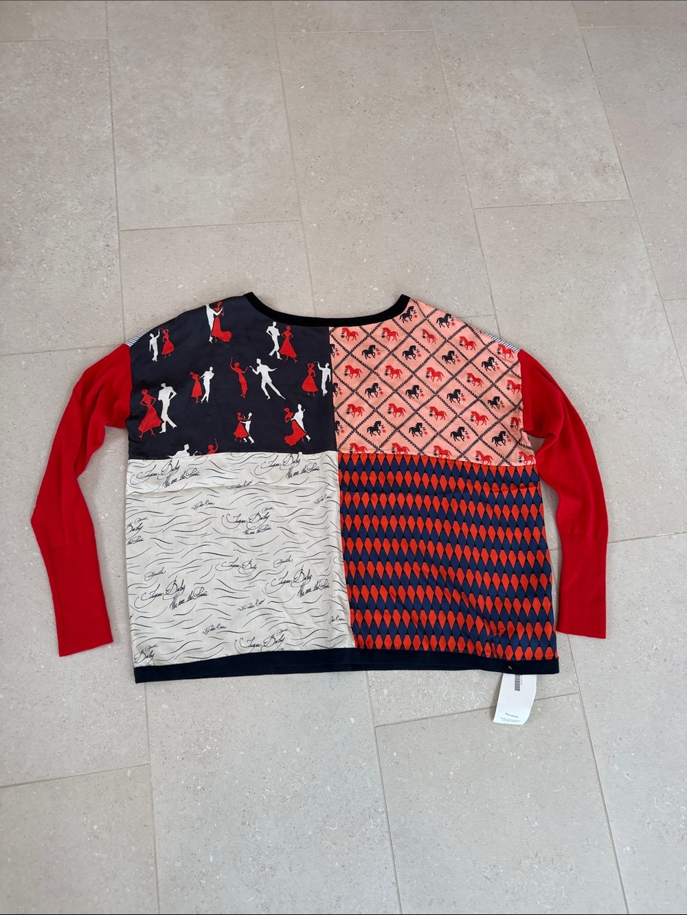Patchwork Long-Sleeve Blouse in Red and Navy